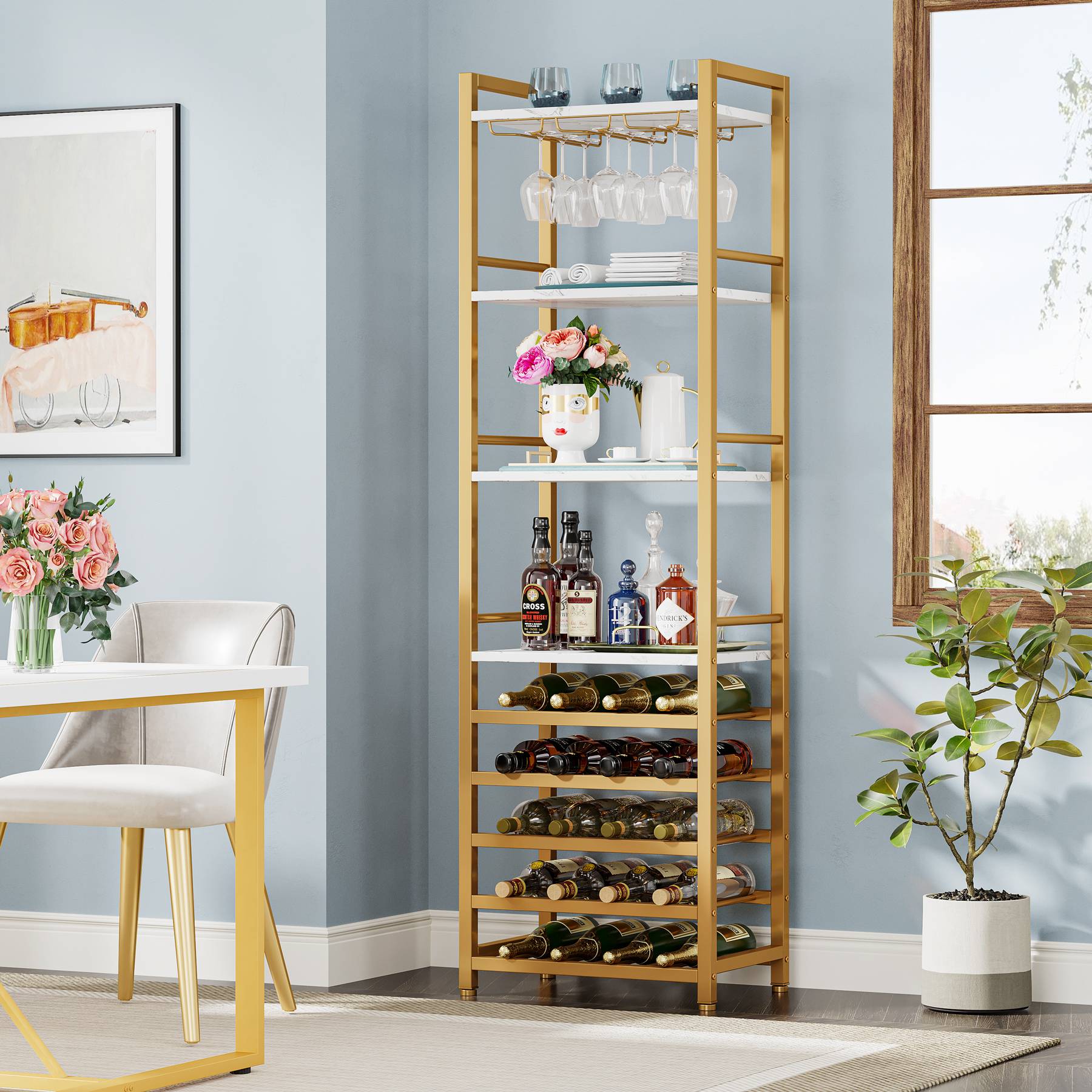 Wine Rack, 9 Tier 20 Bottle Wine Bar Cabinet with Glass Holder Tribesigns
